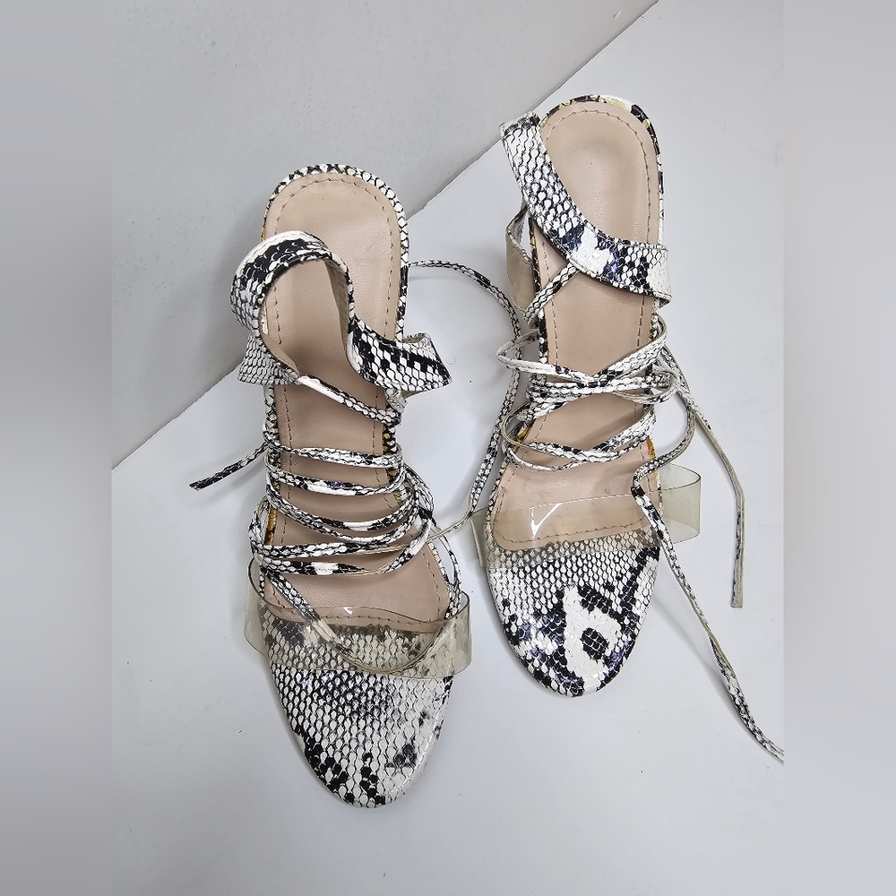 Womens White/Black Snake Print-Effect Lace Up Heels Strappy - Size 38 7.5